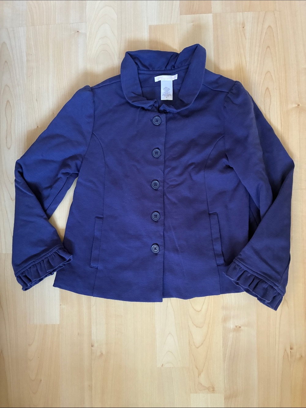 Girls Navy Button-Front Ruffle-Cuff Jacket